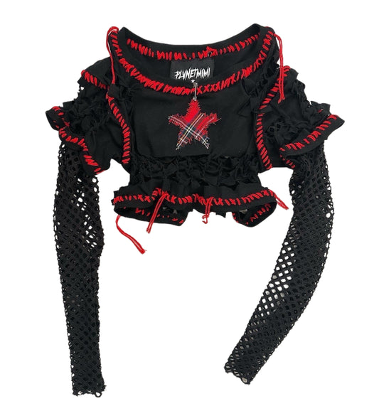 Plaid Star lace sleeves crop top